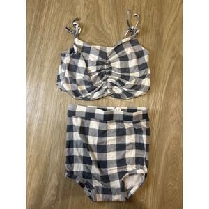 Kate Quinn Bamboo 2T Buffalo Plaid Ruched Tie Top and Bloomers Set Black White